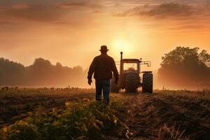 granjero con tractor en el campo a amanecer. cosecha concepto, granjero operando un tractor trabajando en el campo en el mañana, ai generado foto