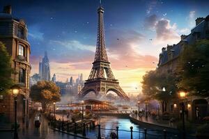 The Eiffel Tower in Paris, France at sunset. Collage, eiffel tower city, AI Generated photo