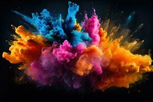 Colorful explosion of colored smoke on a black background. Abstract background, Explosion of colored powder on black background, AI Generated photo