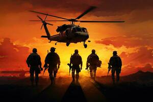 Silhouette of soldiers with a helicopter on the background of the sunset, Infantry soldiers and helicopters on a sunset background, anonymous faces, AI Generated photo