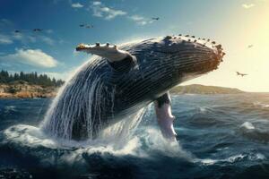 Humpback whale jumps out of the ocean. 3d rendering, Humpback whale jumps out of the water. Beautiful jump, AI Generated photo