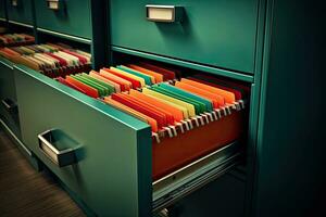 Archive file cabinet with colorful folders. File cabinet with documents, Filing Cabinet with Files, AI Generated photo