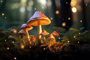 hongos en el bosque a noche. fantasía naturaleza fondo, brillante hongos en un soñador bosque, ai generado foto
