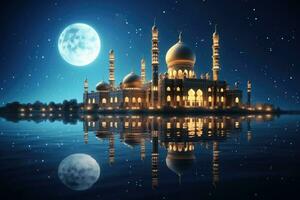 Beautiful mosque on the background of the moon. 3D rendering, Illustration of mosque with moon and reflection in water. Ramadan Kareem background, AI Generated photo