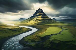 aéreo ver de Kirkjufell montaña y río en Islandia, Islandia hermosa paisaje fotografía, hermosa niña en traje de baño en el terrón, ai generado foto