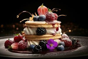 Pancakes with fresh berries on a black background. Toned, Indulge in the dessert's exquisite details with macro photography. capture intricate layers, textures, and decorations, AI Generated photo