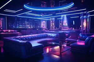 The interior of the night club with a black sofa, a bar counter and a blue neon light, Interior of a night club with bright lights. Night club. A decorated night club, AI Generated photo