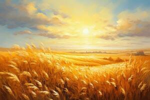 puesta de sol o amanecer terminado el campo con orejas de dorado trigo. paisaje, fantasía, vacío fondo, cuadro, ai generado foto