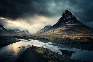 hermosa paisaje con Kirkjufell montaña en Islandia, Europa, Islandia hermosa paisaje fotografía, hermosa niña en traje de baño en el terrón, ai generado foto