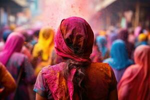 indio personas celebrando holi festival a thamel calle, katmandú, Nepal, indio personas posterior ver celebrar el holi festival en India. vistoso holi fondo, ai generado foto