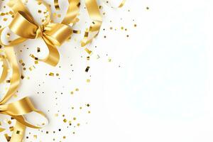 Holiday background with golden ribbon and confetti. Vector illustration, Golden confetti and ribbons on a white background. Festive background, AI Generated photo