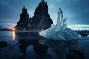 icebergs en jokulsarlon laguna, Islandia, minimalista fotografía, hielo restos, intrincado, noche, alto resolución, 8k ultra alta definición, ai generado foto