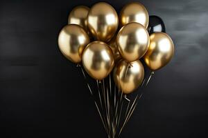 Black and gold balloons on wooden background. 3D Rendering, Gold balloons bunch on a black wall background, AI Generated photo