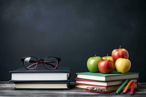 espalda a colegio concepto con libros, lentes y manzana en pizarra fondo, lentes profesor libros y un estar con lapices en el mesa, en el antecedentes de un pizarra con tiza, ai generado foto