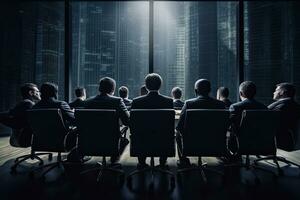 Group of business people sitting in a row at the office. Business concept, Modern business conference in a boardroom, full rear View, No visible faces, AI Generated photo