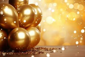 dorado globos en bokeh fondo, Navidad y nuevo año concepto, dorado globos y papel picado en un dorado antecedentes. 3d representación, ai generado foto