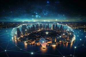 City and network hologram. Technology and communication concept. 3D Rendering, Global network connection and internet of things concept, AI Generated photo