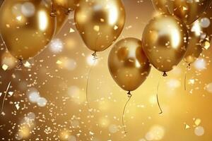 Golden balloons with confetti and ribbons on a golden background, Golden balloons and confetti on a golden background. 3d rendering, AI Generated photo