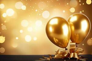 Golden balloons with ribbon and bow on bokeh background. 3D Rendering, Golden balloons with ribbons and confetti on bokeh background, AI Generated photo