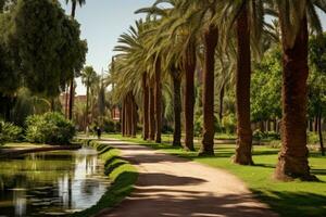 Palm trees in a botanical garden in Dubai, United Arab Emirates, Garbage pile in forest among plants. Toxic plastic into nature everywhere, AI Generated photo