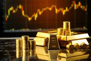 Gold bars and coins on the background of the stock exchange chart, Gold bullion against stock market charts, AI Generated photo