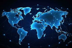 World map with glowing lines and dots on blue background. Vector illustration, Global networking and international communication. World map as a symbol of the global network, AI Generated photo