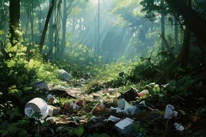 Garbage in the forest. Garbage in the forest. Environmental pollution, Garbage pile in forest among plants. Toxic plastic into nature everywhere, AI Generated photo