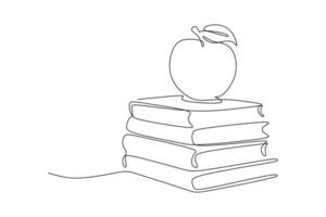 Continuous one line drawing of apple on stack of books. Vector illustration