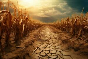 Dry and cracked earth in the corn field. 3d render, Drought in a cornfield, AI Generated photo