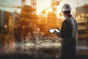 Double exposure of engineer using digital tablet and building construction site background, Double exposure of Engineer and Architect working with smart phone and digital tablet and, AI Generated photo