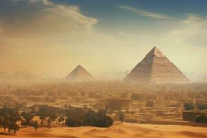 egipcio pirámides de giza a atardecer, El Cairo, Egipto, Egipto. El Cairo - giza. general ver de pirámides y paisaje urbano desde el giza meseta, ai generado foto