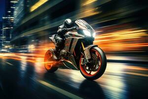 Motorcycle on the road with motion blur background. Concept of speed, EBR racing motorcycle with abstract long exposure dynamic speed light trails in an urban environment city, AI Generated photo