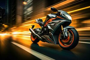 Motorcycle on the road with motion blur. 3d rendering, EBR racing motorcycle with abstract long exposure dynamic speed light trails in an urban environment city, AI Generated photo