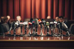 Microphones on the table in the conference hall. Press conference, Media interview in a conference room, microphones, press conference, press conference, AI Generated photo