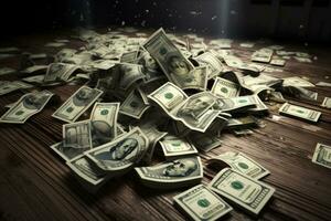 Dollars falling on the floor. Financial crisis concept. 3d rendering, Money and dollar bills are spread out on the table, AI Generated photo