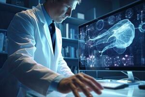 Image of doctor in white coat working with x-ray image in office, Medical doctor hand working with modern computer interface as medical concept. 3D rendering, AI Generated photo