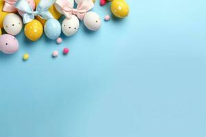 Easter eggs on blue background with copy space. Flat lay, Easter party concept. Top view photo of easter bunny ears white pink blue and yellow eggs on isolated pastel blue, AI Generated