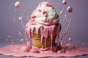 Pink ice cream in waffle cone with splashes and drops on violet background, A lone penguin on a melting ice floe representing climate change and global warming, AI Generated photo