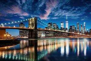 noche ver de Manhattan horizonte y brooklyn puente, nuevo York ciudad, este río mit blick auf Manhattan und morir brooklyn puente, nuevo york, EE.UU, ai generado foto