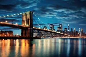 brooklyn puente y Manhattan horizonte a noche, nuevo York ciudad, este río mit blick auf Manhattan und morir brooklyn puente, nuevo york, EE.UU, ai generado foto