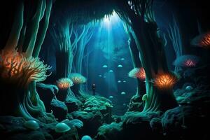 Underwater scene with jellyfish and seaweed. 3d rendering, mesmerizing underwater cave system full of stunning stalactite formations, bioluminescent creatures, and hidden chambers, AI Generated photo