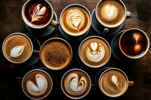Coffee cups with latte art on wooden table, top view, Multiple cups of coffee with variety of coffee drinks overhead view, AI Generated photo