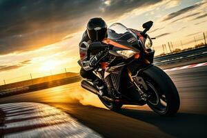 Motorcycle rider on sport bike driving fast on race track at sunset, Motorcycle rider on sport bike rides fast on race track at sunset. Extreme athlete Sport Motorcycles Racing, AI Generated photo