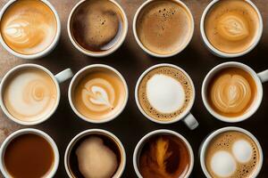 Coffee cups with latte art on wooden table, top view, Multiple cups of coffee with variety of coffee drinks overhead view, AI Generated photo