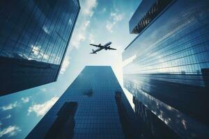 Low angle view of skyscrapers and airplane flying in the sky, Low angle view of airplane flying over glass office skyscraper building, AI Generated photo