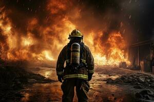 bombero en acción, luchando un fuego con un ardiente edificio, bombero molesto a evitar el untado de natural desastre, ai generado foto