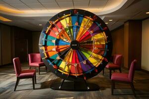 Colorful fortune wheel in hotel lobby. 3d rendering. Computer digital drawing, Fortune wheel for sales promo event, AI Generated photo