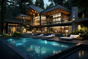 3d rendering of modern cozy chalet with pool and parking for sale or rent. Massive timber beams columns. Cool summer night with shiny light from windows, AI Generated photo