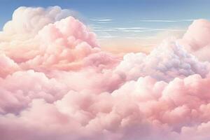 aéreo ver de hermosa Cloudscape a puesta de sol. 3d representación, mullido blanco y rosado nubes, ai generado foto