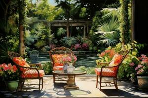 al aire libre patio con silla y mesa en el jardín. Clásico estilo, lujoso jardín pintura con elegante al aire libre muebles, ai generado foto
